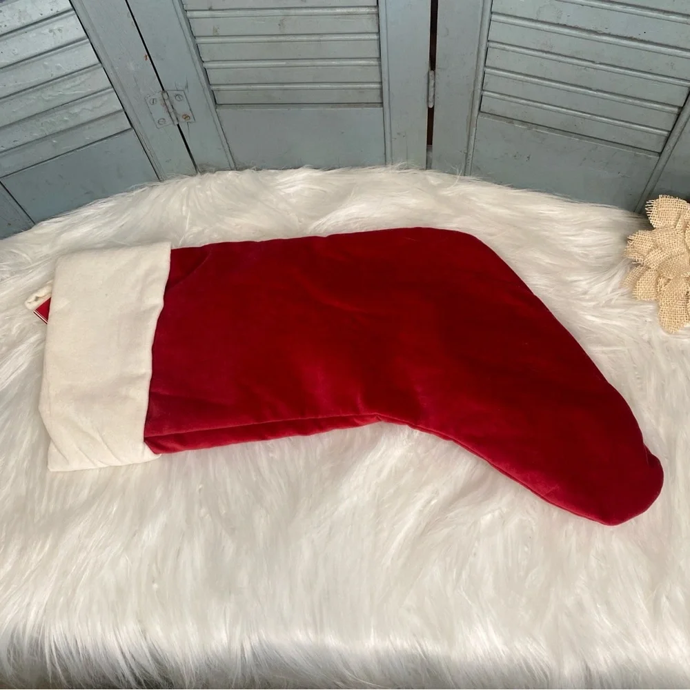 Pottery Barn NWT Red & Ivory Velvet Medium Stocking Embroidered RALPH in Green